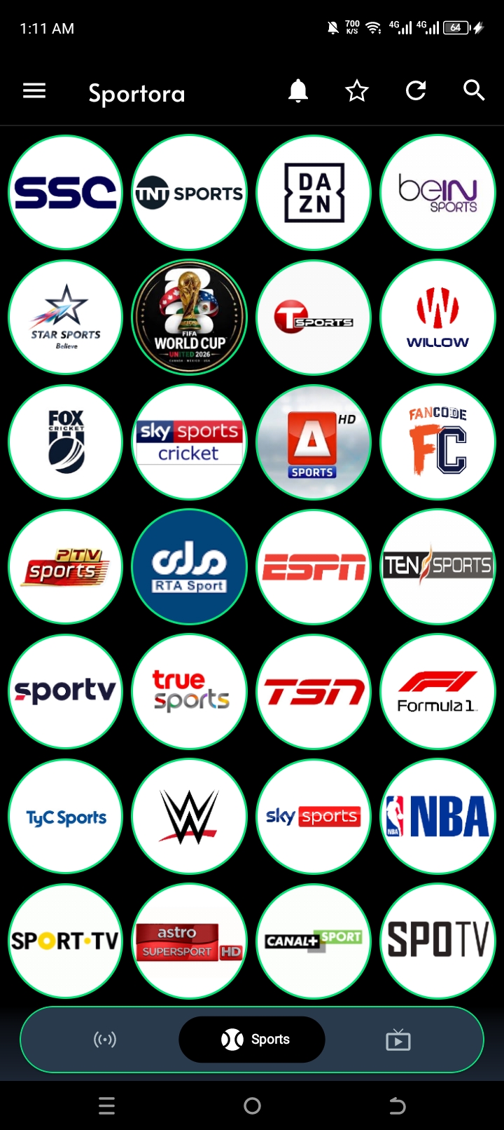 SPORTORA sports channels with logos like Sky Sports, ESPN, TEN Sports, Formula 1, NBA and WWE